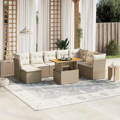 Conjunto de Sofás p/ Jardim com Almofadões Vime PE Bege (9 pcs)