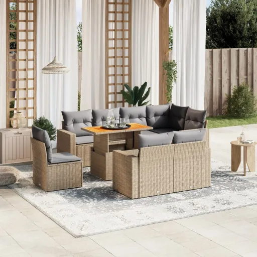 Conjunto de Sofás p/ Jardim com Almofadões Vime PE Bege (9 pcs)