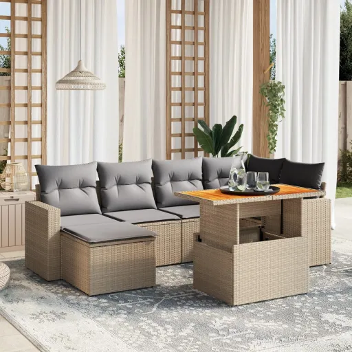 Conjunto de Sofás p/ Jardim com Almofadões Vime PE Bege (7 pcs)