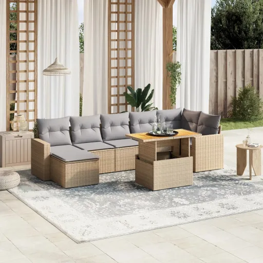 Conjunto de Sofás p/ Jardim com Almofadões Vime PE Bege (8 pcs)