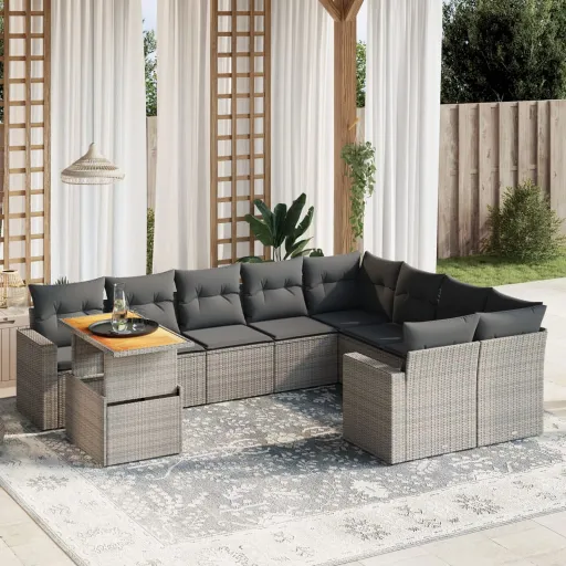 Conjunto Sofás de Jardim c/ Almofadões Vime PE Cinzento (10 pcs)