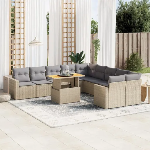 Conjunto Sofás de Jardim c/ Almofadões Vime PE Bege (11 pcs)