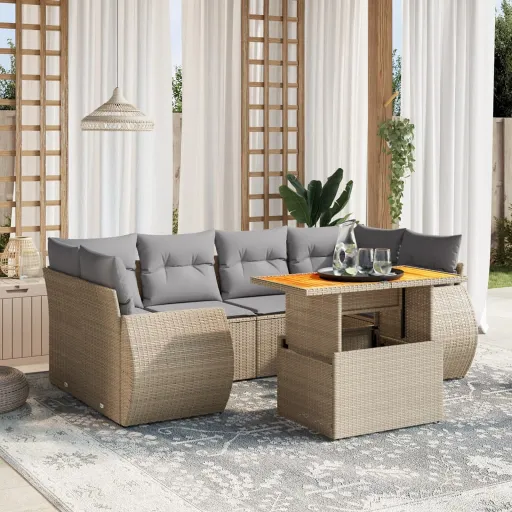 Conjunto de Sofás p/ Jardim com Almofadões Vime PE Bege (7 pcs)