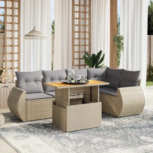 Conjunto de Sofás p/ Jardim com Almofadões Vime PE Bege (6 pcs)