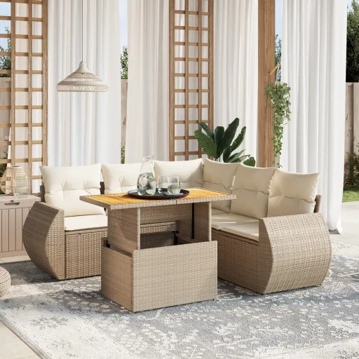 Conjunto de Sofás p/ Jardim com Almofadões Vime PE Bege (6 pcs)