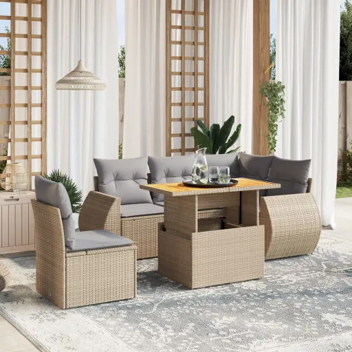 Conjunto de Sofás p/ Jardim com Almofadões Vime PE Bege (6 pcs)