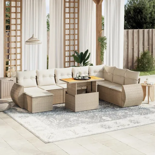 Conjunto de Sofás p/ Jardim com Almofadões Vime PE Bege (9 pcs)