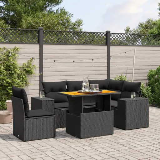 Conjunto Sofás de Jardim c/ Almofadões Vime PE Preto (6 pcs)