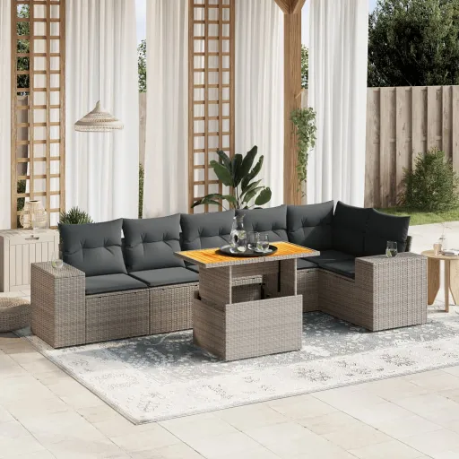 Conjunto Sofás p/ Jardim c/ Almofadões Vime PE Cinzento (7 pcs)