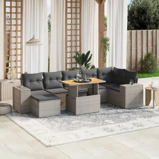 Conjunto Sofás de Jardim c/ Almofadões Vime PE Cinzento (8 pcs)