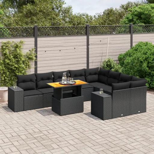 Conjunto Sofás de Jardim c/ Almofadões Vime PE Preto (10 pcs)