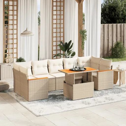 Conjunto de Sofás p/ Jardim com Almofadões Vime PE Bege (8 pcs)