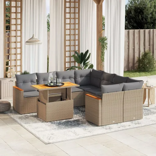 Conjunto de Sofás p/ Jardim com Almofadões Vime PE Bege (9 pcs)