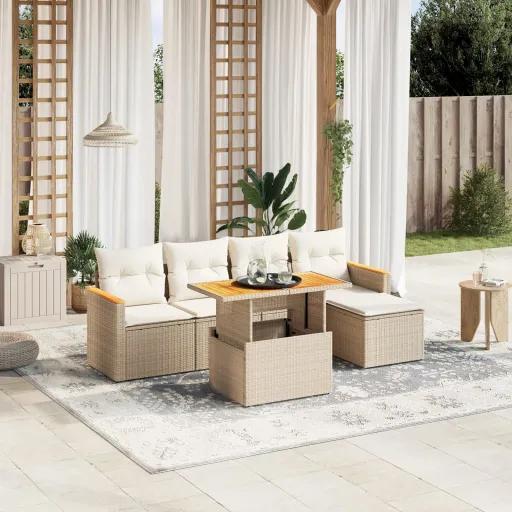 Conjunto de Sofás p/ Jardim com Almofadões Vime PE Bege (6 pcs)