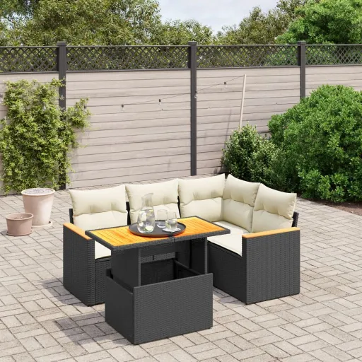 Conjunto Sofás de Jardim com Almofadões Vime PE Preto (5 pcs)