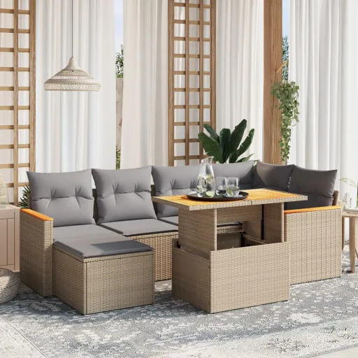 Conjunto de Sofás p/ Jardim com Almofadões Vime PE Bege (7 pcs)