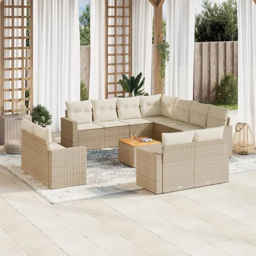 Conjunto de Sofás p/ Jardim com Almofadões Vime PE Bege (12 pcs)