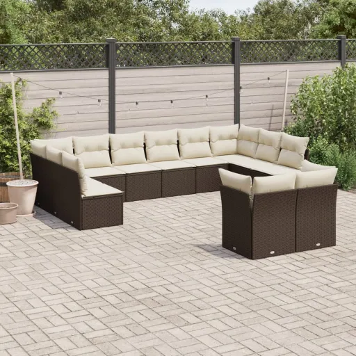 Conjunto de Sofás Jardim com Almofadões Vime PE Castanho (12 pcs)