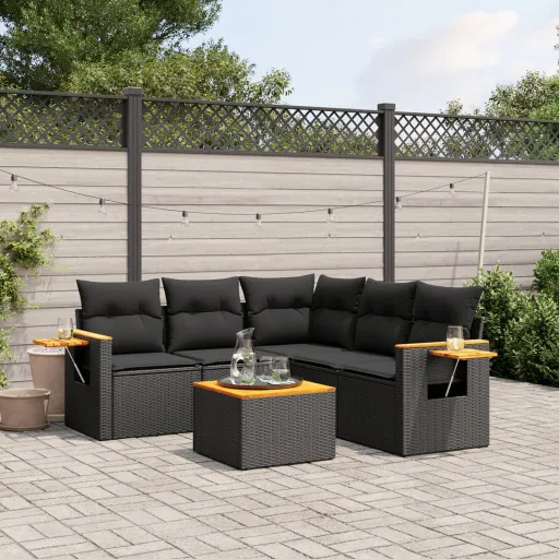 Conjunto Sofás de Jardim c/ Almofadões Vime PE Preto (6 pcs)
