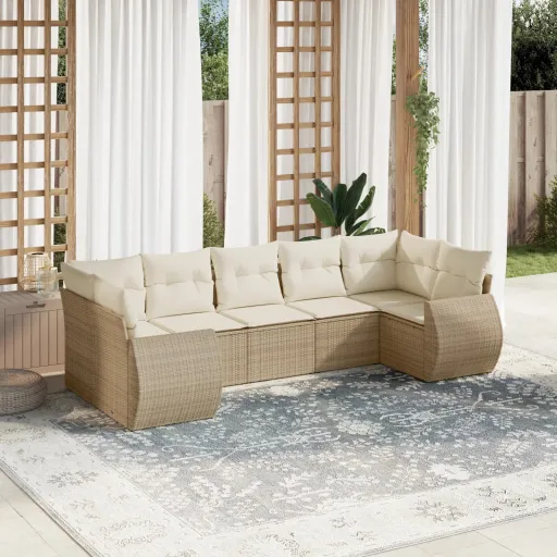 Conjunto de Sofás p/ Jardim com Almofadões Vime PE Bege (7 pcs)