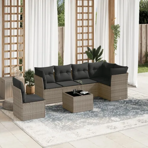Conjunto Sofás p/ Jardim c/ Almofadões Vime PE Cinzento (7 pcs)