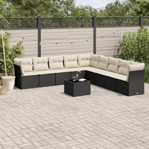 Conjunto Sofás de Jardim c/ Almofadões Vime PE Preto (10 pcs)
