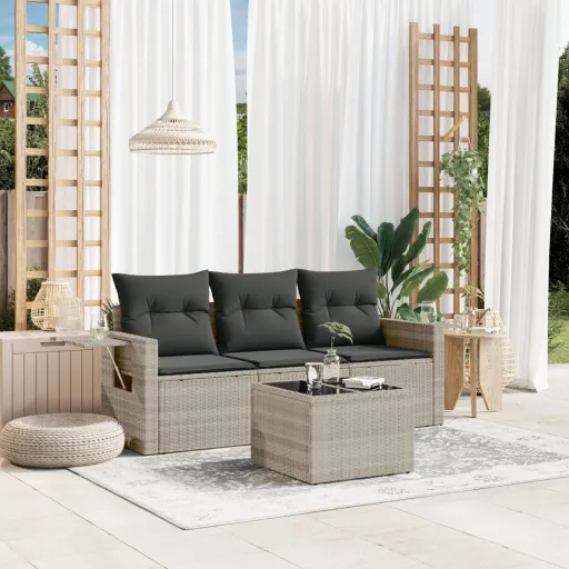 Conj. Sofás Jardim c/ Almofadões Vime PE Cinzento-Claro (4 pcs)