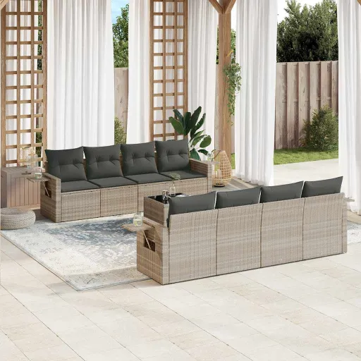 Conj. Sofás Jardim com Almofadões Vime PE Cinzento-Claro (9 pcs)