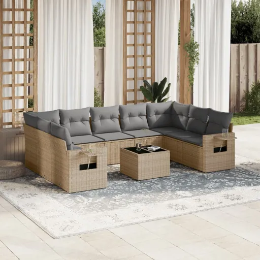 Conjunto de Sofás p/ Jardim com Almofadões Vime PE Bege (10 pcs)