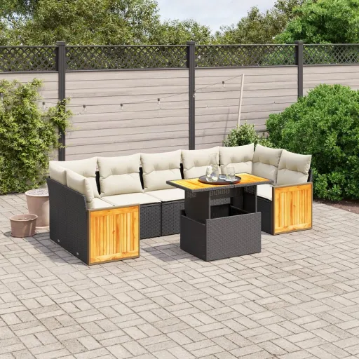 Conjunto Sofás de Jardim com Almofadões Vime PE Preto (8 pcs)