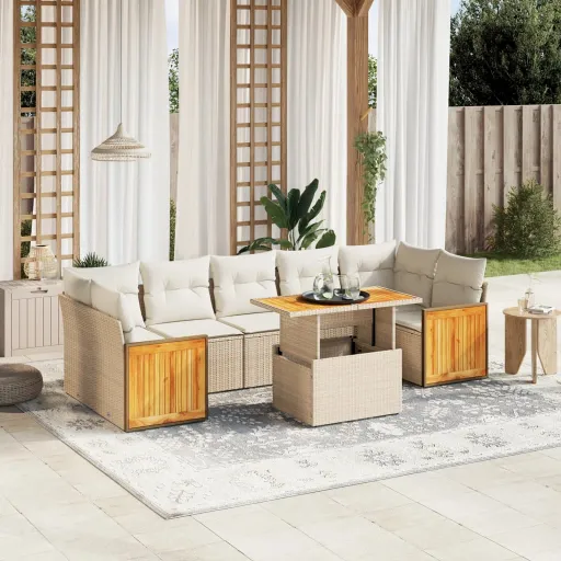 Conjunto de Sofás p/ Jardim com Almofadões Vime PE Bege (8 pcs)