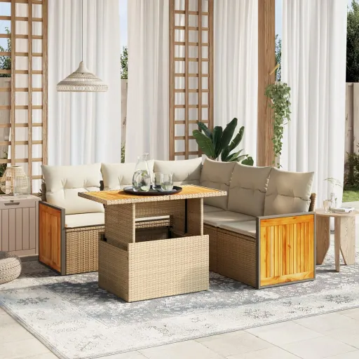 Conjunto de Sofás p/ Jardim com Almofadões Vime PE Bege (6 pcs)