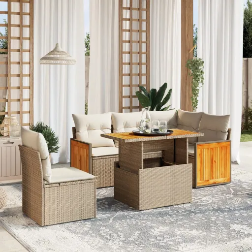 Conjunto de Sofás p/ Jardim com Almofadões Vime PE Bege (6 pcs)
