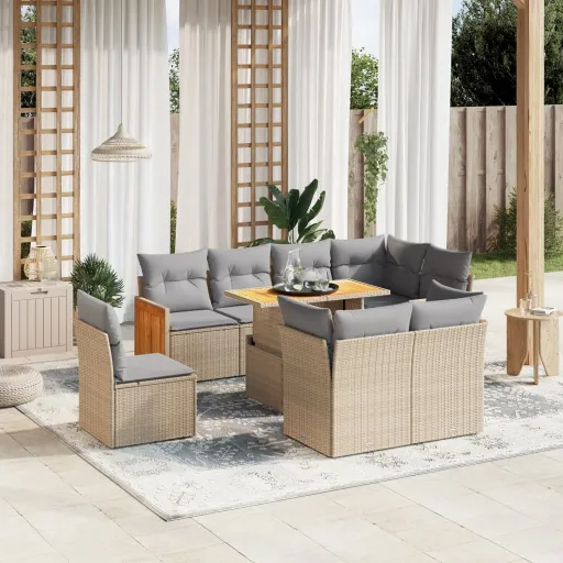 Conjunto de Sofás p/ Jardim com Almofadões Vime PE Bege (9 pcs)