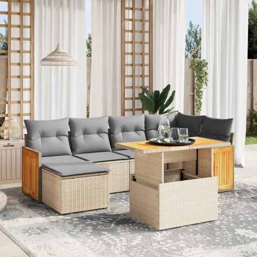 Conjunto de Sofás p/ Jardim com Almofadões Vime PE Bege (7 pcs)