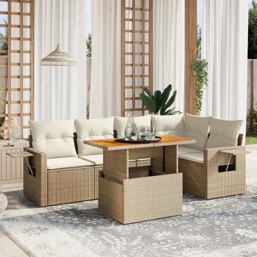 Conjunto de Sofás p/ Jardim com Almofadões Vime PE Bege (6 pcs)