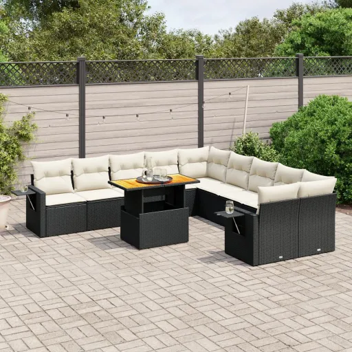 Conjunto Sofás de Jardim c/ Almofadões Vime PE Preto (11 pcs)