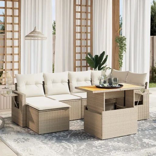 Conjunto de Sofás p/ Jardim com Almofadões Vime PE Bege (7 pcs)