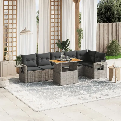 Conjunto Sofás p/ Jardim c/ Almofadões Vime PE Cinzento (7 pcs)