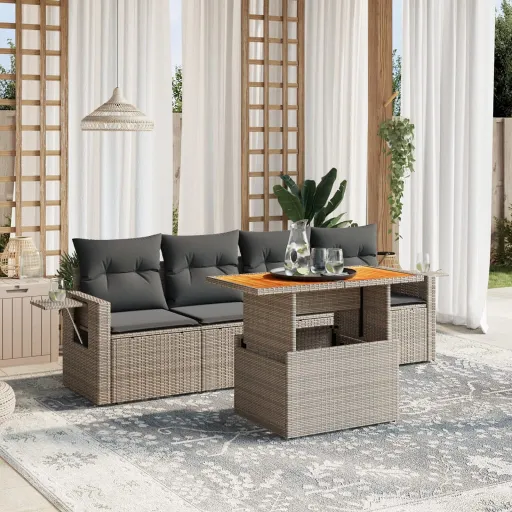 Conjunto Sofás de Jardim c/ Almofadões Vime PE Cinzento (5 pcs)