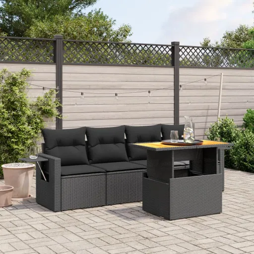Conjunto Sofás de Jardim com Almofadões Vime PE Preto (5 pcs)