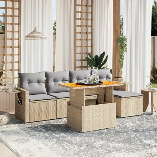 Conjunto de Sofás p/ Jardim com Almofadões Vime PE Bege (6 pcs)