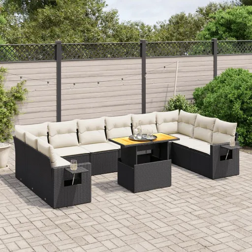 Conjunto Sofás de Jardim c/ Almofadões Vime PE Preto (11 pcs)