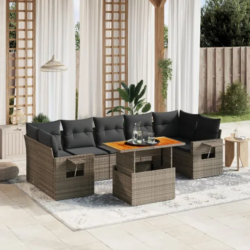 Conjunto Sofás de Jardim c/ Almofadões Vime PE Cinzento (8 pcs)