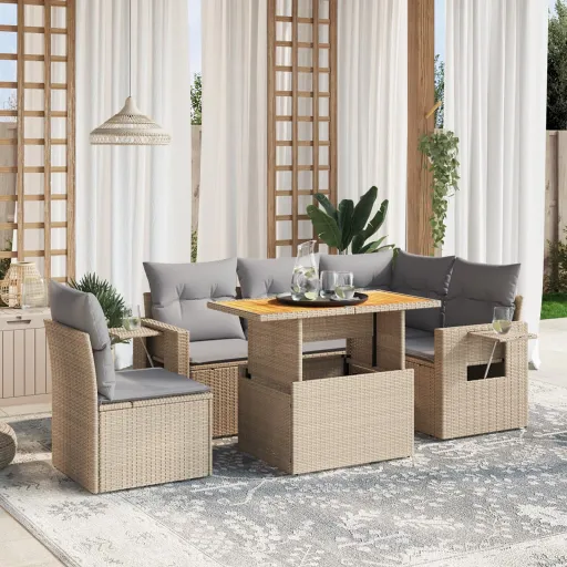 Conjunto de Sofás p/ Jardim com Almofadões Vime PE Bege (6 pcs)