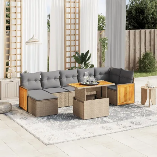 Conjunto de Sofás p/ Jardim com Almofadões Vime PE Bege (8 pcs)