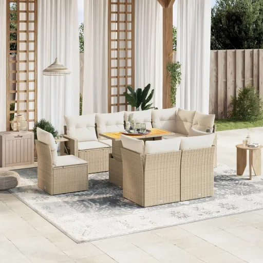 Conjunto de Sofás p/ Jardim com Almofadões Vime PE Bege (9 pcs)
