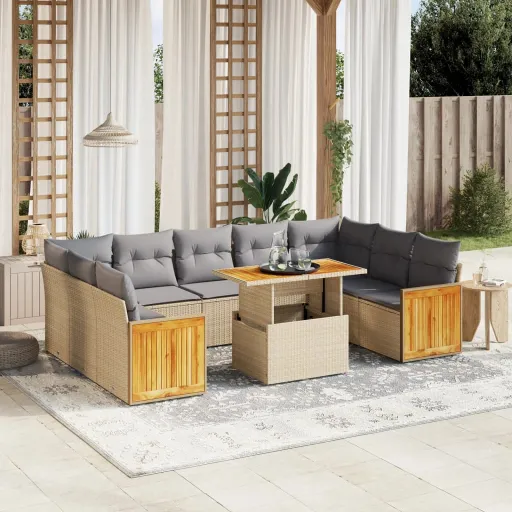 Conjunto de Sofás p/ Jardim com Almofadões Vime PE Bege (10 pcs)