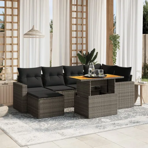 Conjunto Sofás p/ Jardim c/ Almofadões Vime PE Cinzento (7 pcs)