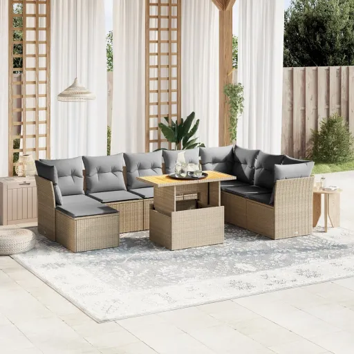 Conjunto de Sofás p/ Jardim com Almofadões Vime PE Bege (9 pcs)